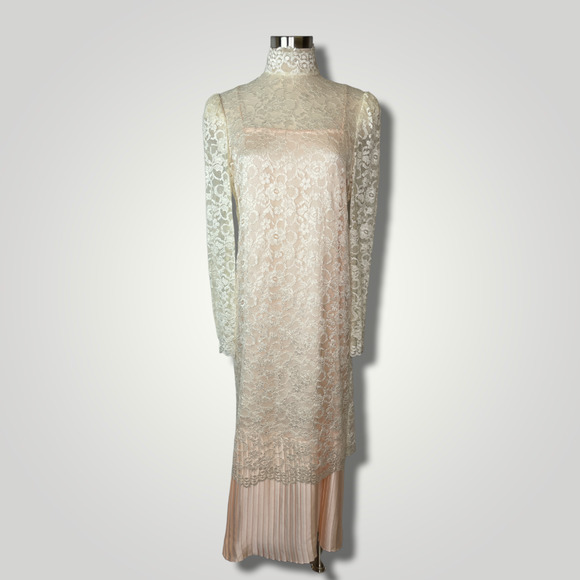 Vintage 1980s Dress Scott McClintock Cream Lace Overlay Pink Slip Pleated B1011 - Picture 1 of 4